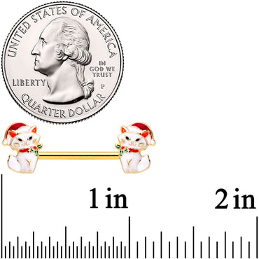 14G 9/16 Gold Tone Cat Santa Christmas Barbell Nipple Ring Set