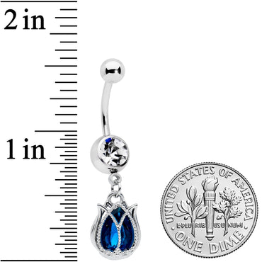 Clear Blue Gem Tulip Petal Flower Dangle Belly Ring