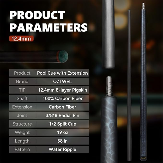 Carbon Fiber Pool Cue Stick, 12.4mm 8-Layer Tip Low Deflection Pool Cue Professional Pool Sticks for Adults with Pro Taper Cue Shaft 3/8 x 8 Joint Pin