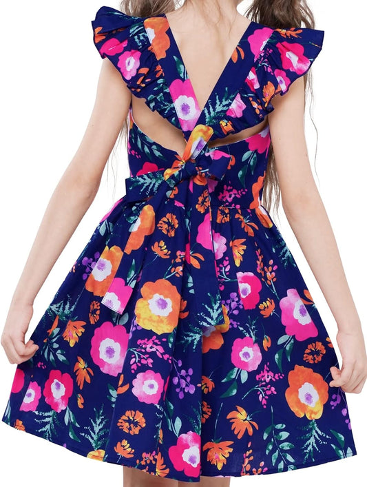 Girls Floral Cotton Dress - Sleeveless Summer Dress with Zipper Closure