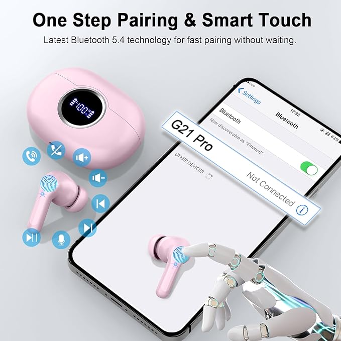 Wireless Earbuds, 2025 Bluetooth 5.4 Headphones Hi-Fi Stereo Ear Buds, 4 ENC Noise Cancelling Mic, 40+Hrs USB-C in-Ear Earphone, IP-X7 Waterproof Sport Workout Gym for Laptop Pad Android iOS
