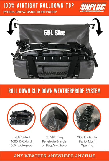 UNPLUG Ultimate Adventure Bag | 1680D Heavy Duty Waterproof Bag | Large Travel Duffle Bag which can be Used for Camping, Motorcycling, Boating, or Hunting