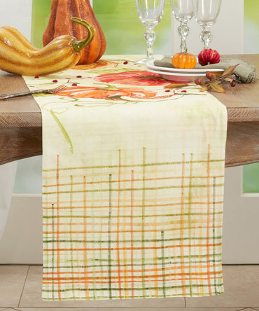 Fennco Styles Pumpkins Design Cotton Table Runner 16" W x 72" L - Multicolor Harvest Table Cover for Thanksgiving, Fall Festivals, Family Gatherings, Special Events and Home Décor