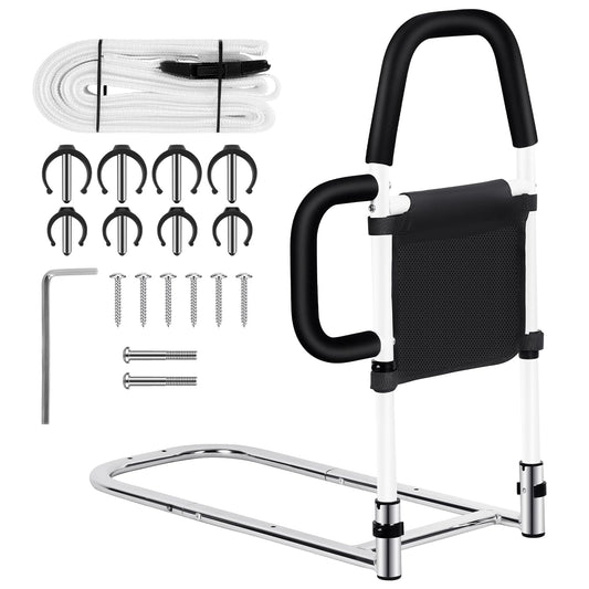Okvpajdo Adjustable Bed Rail with 2Grab Bars Safety Guard Black White King Queen