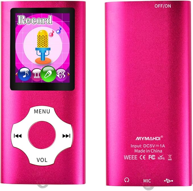 Mymahdi MP3 Player Portable Music Player, 1.8 Inch LCD Screen with Video/Voice Record/FM Radio/E-Book/Photo Viewer, Max Support 64GB Pink