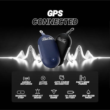 Blue Tees Golf Player Go - Compact GPS Speaker, Bluetooth Music & Audible GPS Distances, Auto Course Recognition, IPX7 Waterproof, 40,000+ Preloaded Courses, 16+ Hours Battery, Built-in Magnetic Strip
