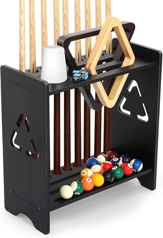Pool Stick Holder Floor Stand- Billiards Pool Cue Rack Oak Solid Wooden Holds 9 Cues and Pool Table Accessories Organizer with Chalk Cone Holder for Game Room Club or Men Cave
