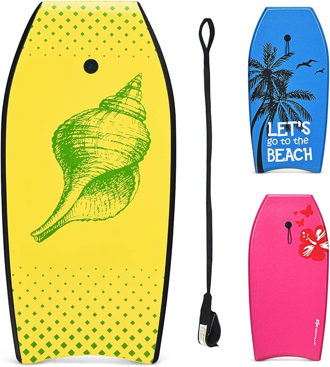Goplus 41''/37''/33'' Lightweight Body Board for Beach, Surf Board with EPS Core, XPE Deck, HDPE Slick Bottom, Wrist Leash, Bodyboard for Kids Adults Surfing