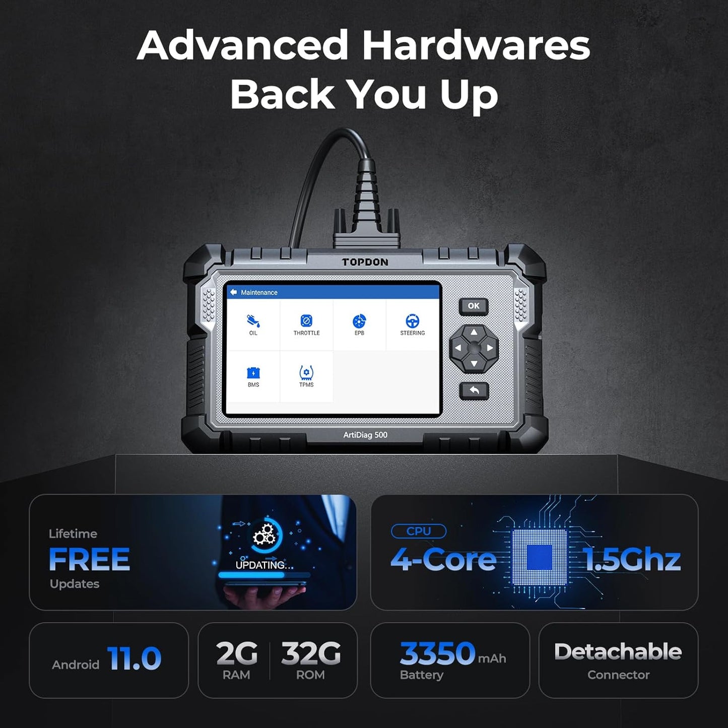 TOPDON AD500 OBDi TOPDON AD500 OBD2 Scanner Car Code Reader Scan Tool, Engine ABS SRS Transmission Diagnostics Tool, Oil/Throttle/SAS/TPMS/BMS/EPB Reset Car Scanner, Free Upgrade for DIY