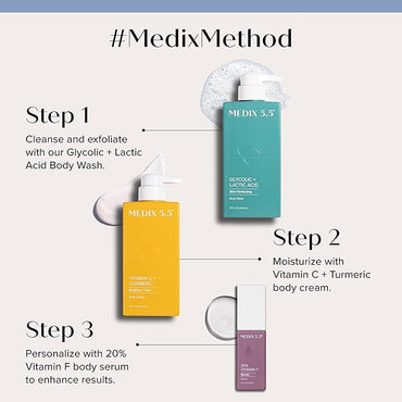 Medix 5.5 Anti Aging Skin Care 3PC Set | Vitamin C Body Cream + Exfoliating AHA Glycolic Acid Foaming Face & Body Wash + Vitamin F Booster Serum, Wash + Treat + Hydrate Skincare Set