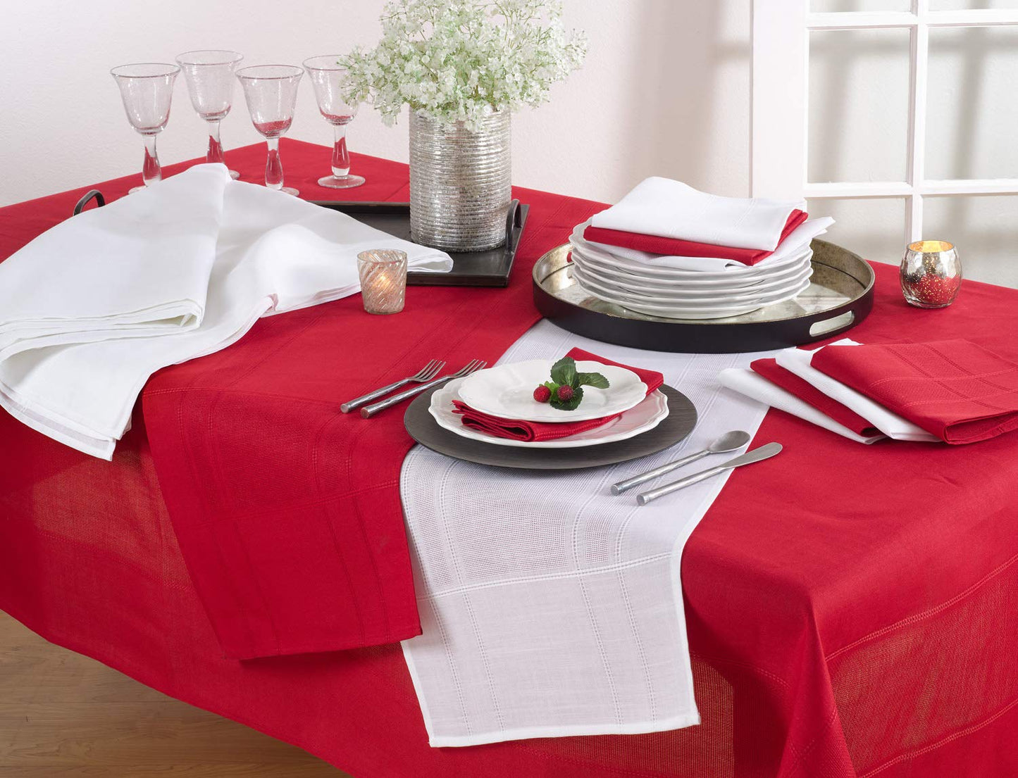 Fennco Styles Holiday Drawn Work Thread Design Tabletop Collection - 2 Colors (White, 72"x162" Tablecloth)