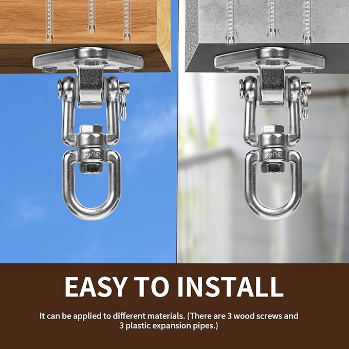 Stainless Steel Swing Hanger Heavy Duty 180°+360° Swivel Swing Hook Swing Hardware Kit for Yoga Swing Hammock Chair Porch Swing Sets Heavy Punching Bag 1500 LB Capacity