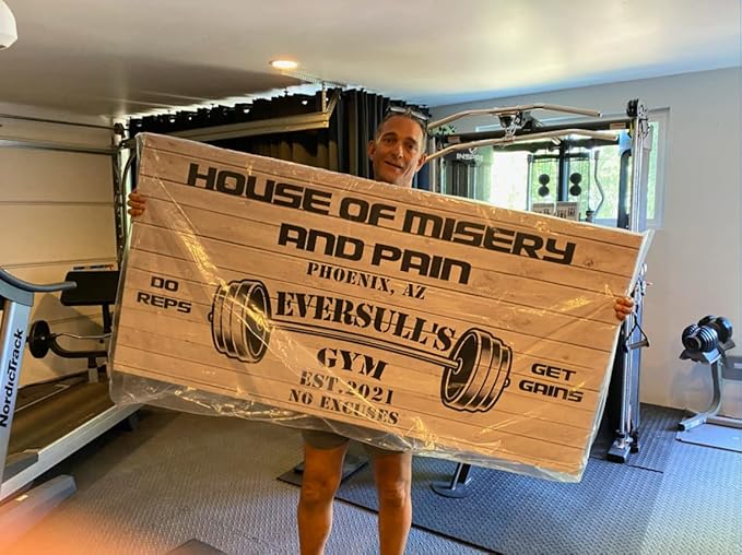 Tailored Canvases Personalized Gym Sign Wall Art Decor - Motivational Canvas for Home Gym, Workout Room, Garage, Fitness Center - Workout Inspirational Posters - House of Misery and Pain, White Wood 60x30in