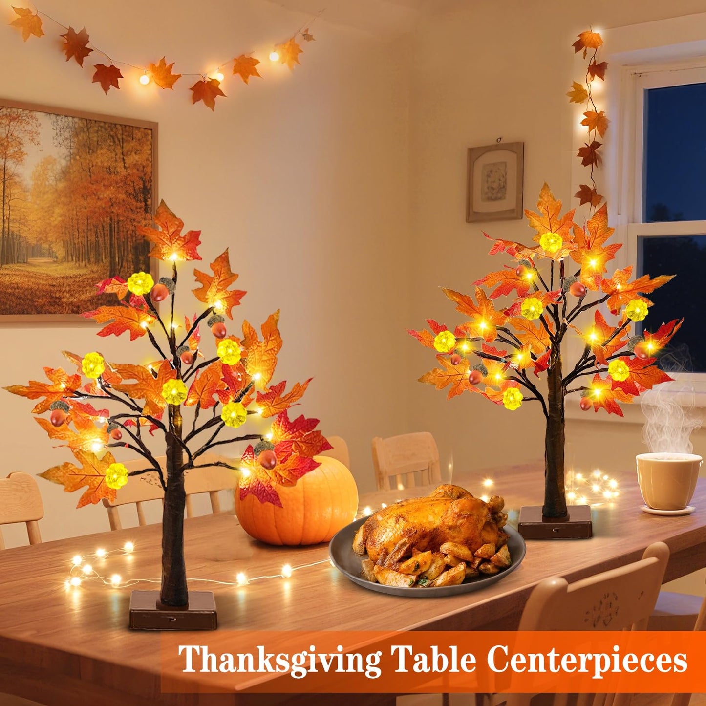 TURNMEON 2Pack 24in Prelit Fall Maple Tree Lights48 LED Timer Battery Orange Red