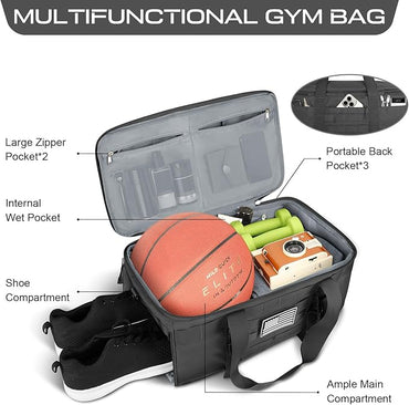ETRONIK Gym Bags for Men Women, Tactical Duffle Bag Backpack with Shoe Compartment, 3 in 1 Carry on Travel Backpack with Wet Pocket, Weekender Overnight Range Bag for Workout Football Gym, Grey