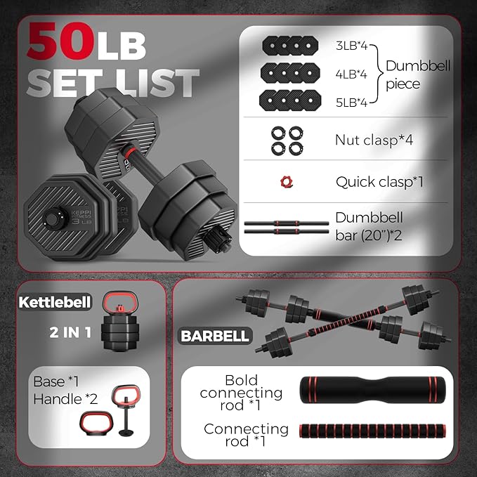 KeppiFitness Adjustable Dumbbell Set, 30/40/50/70/90 lb Weight Set with Connector Bar, 4 in 1 Workout Gear with Dumbbell, Kettlebell, Barbell, Push up Handle for Home Gym Fitness Exercise