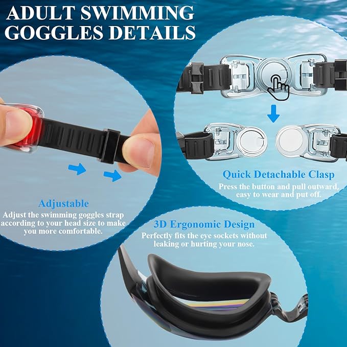 Swim Goggles,Swimming Goggles No Leaking Anti Fog UV Full Protection with Nose Clip Earplugs,Swim Pool Goggles for Adult Men Women Youth