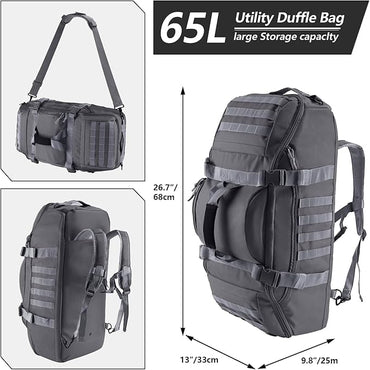 65L Large Duffle Bag, 3-in-1 Tactical Backpack MOLLE Pack for Sports, Gym, Outdoor, Grey