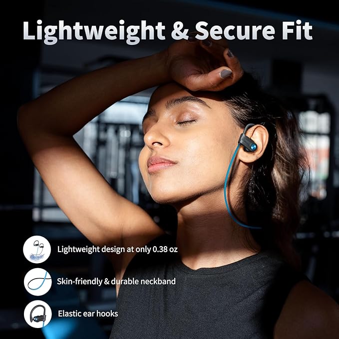 JOYWISE Wireless Headphones Bluetooth 5.3 Headphones with 16 Hours Playtime, Over-Ear Stereo Bass Earphones with Earhooks Headset, Sports Earbuds with Storage Bag for Running, Blue