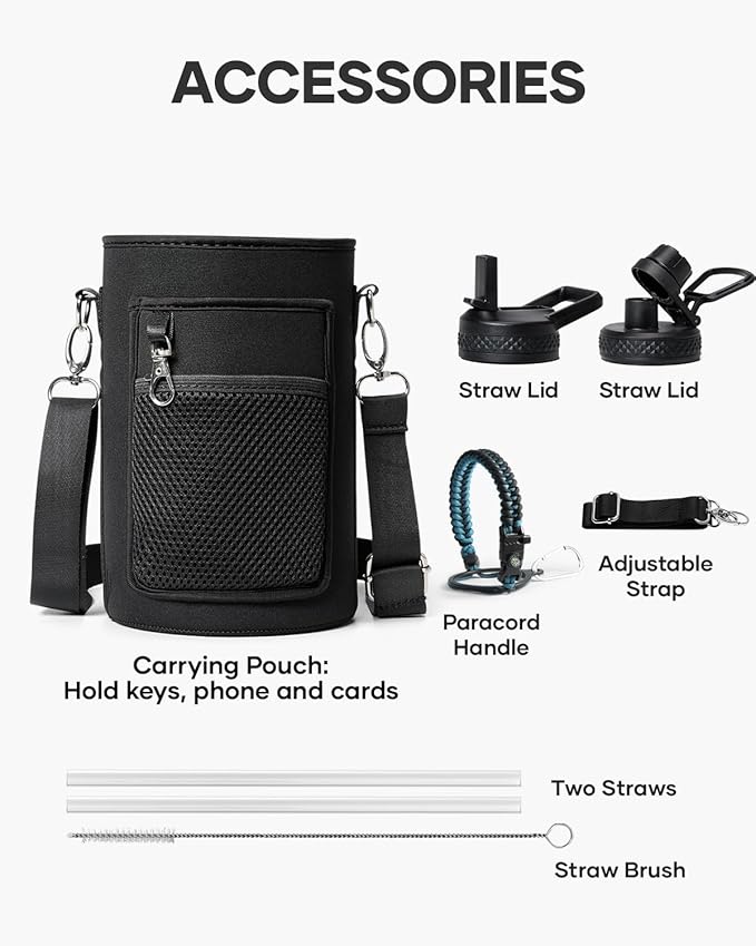 64 oz Insulated Water Bottle,Half Gallon Water Flask Stainless Steel Vacuum, Cold for 48 Hrs,BPA-Free & Leakproof -with Paracord Handle, Strap,Straw Spout Lids,Large Jug for Gym,Indigo Black