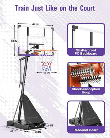 TONBUX Basketball Hoop Outdoor 44/48 Inch Shatterproof PC Backboard, 5.25-10FT Stepless Adjustable Height, Portable Basketball Hoop for Kids/Teens/Adults in Backyard, Driveway and Indoor