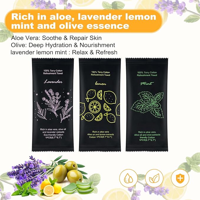 Moist Cotton Towel Bulk Moist Towelettes Individually Wrapped 8.7" x 8.7",White Towel Services,Refreshment Pre Moistened Towels Lavender, Lemon and Mint for Sport Party Spa (pack of 150)