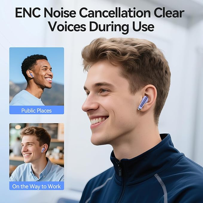 Wireless Earbuds, 2025 Bluetooth 5.3 Headphones HiFi Stereo 50H Playback Ear Buds with Led Digital Display, ENC Noise Cancelling Earbuds for Laptop Computer, iOS, Android, Purple