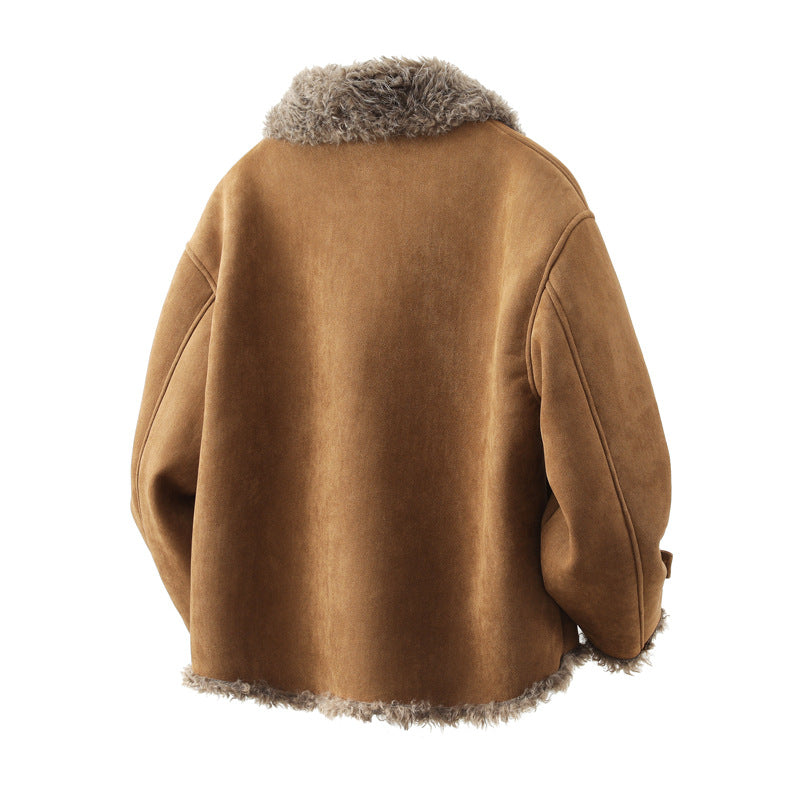 Oversized Faux Lambskin Jacket With A Fur Lining Fleece Lining And A Thicker Design Complete With A Lapel Collar