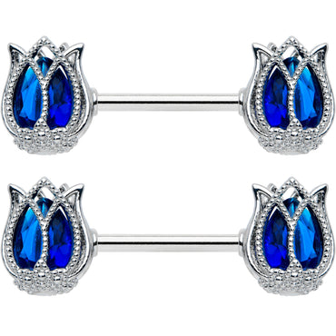 14G 9/16 Blue Gem Tulip Flower Barbell Nipple Ring Set
