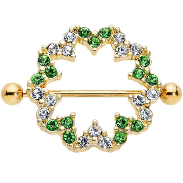 14G 25mm Gold Tone Clear Green Gem Floral Nipple Shield Set