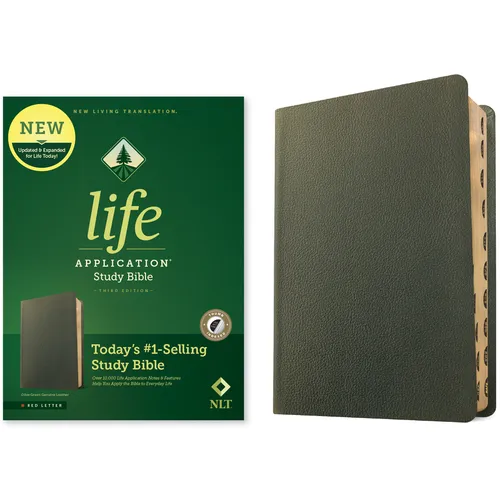 NLT Life Application Study Bible, Third Edition (Genuine Leather, Olive Green, Indexed, Red Letter) - Leather
