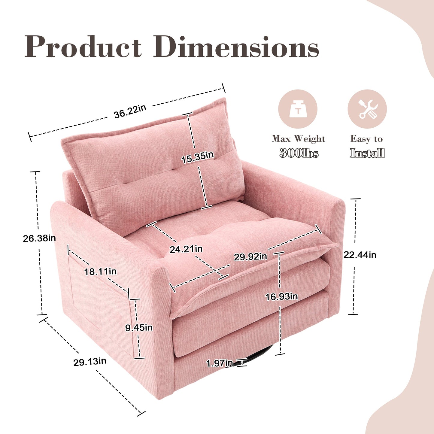 Accent Chair Swivel Barrel Chenille Pink Memory Foam