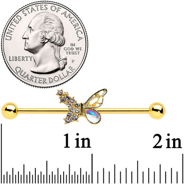 14G Clear Gem Gold Tone Glam Butterfly Industrial Barbell 38mm