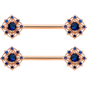 14G 9/16 Blue Gem Rose Gold Tone Wicked Web Nipple Ring Set