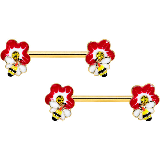 14G 9/16 Yellow Gem Gold Tone Queen Bee Flower Nipple Ring Set