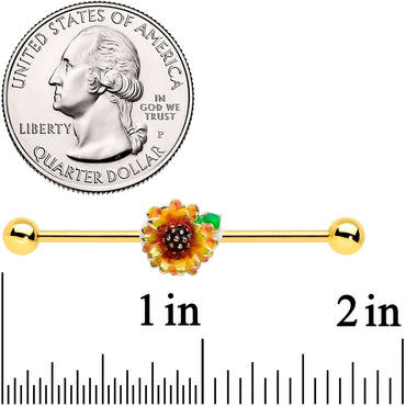 14G Gold Tone Summer Sunflower Industrial Barbell 38mm