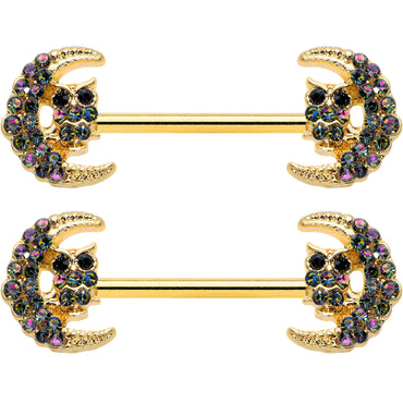 14G 5/8 Aurora Gem Gold Tone Owl Moon Barbell Nipple Ring Set