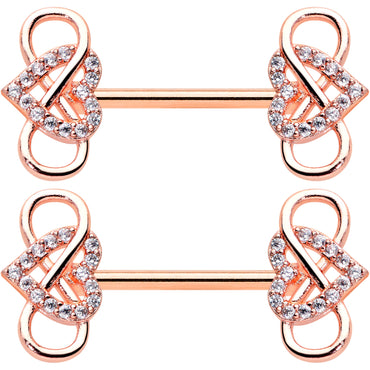 14G 1/2 Clear CZ Gem Rose Gold Hue Infinity Heart Nipple Ring Set