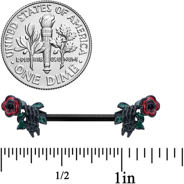 14G 9/16 Black Skeleton Flower Halloween Barbell Nipple Ring Set