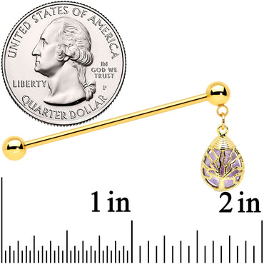 14G Amethyst Gold Tone Drop Tree Dangle Industrial Barbell 38mm