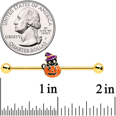 14G Gold Tone Black Cat Witch Halloween Industrial Barbell 38mm