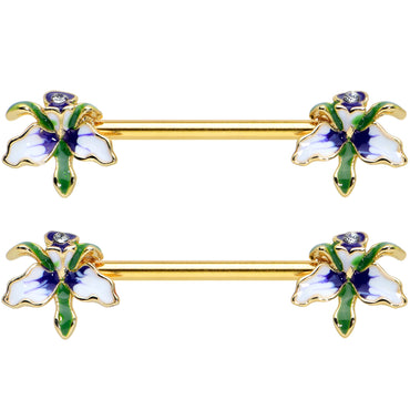 14G 9/16 Clear Gem Gold Tone Iris Flower Barbell Nipple Ring Set