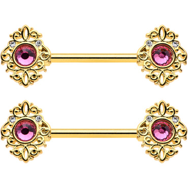 14G 9/16 Pink Gem Gold Hue Open Lace Love Barbell Nipple Ring Set