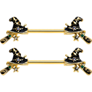 14G 9/16 Clear Gem Gold Tone Witch Hat Broom Nipple Ring Set