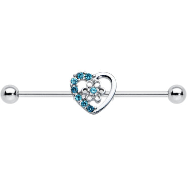 14G Blue Gem Floral Hollow Heart Industrial Barbell 38mm