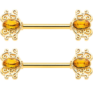 14G 9/16 Yellow Gem Gold Hue Duet Scroll Barbell Nipple Ring Set