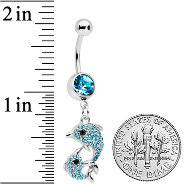 Blue Gem Double Dolphin Dangle Belly Ring
