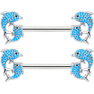 14G 9/16 Black Blue Gem Leaping Dolphin Barbell Nipple Ring Set
