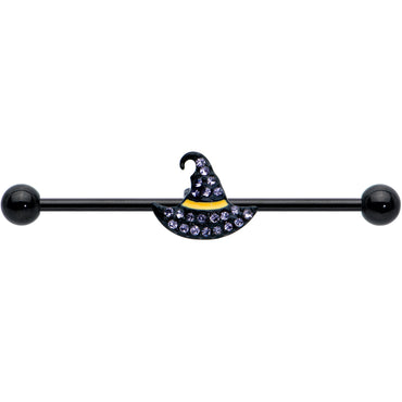 14G Clear Gem Black Witch Hat Halloween Industrial Barbell 38mm