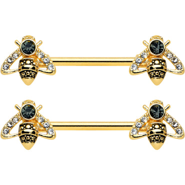 14G 9/16 Clear Black Gem Gold Tone Angular Bee Nipple Ring Set